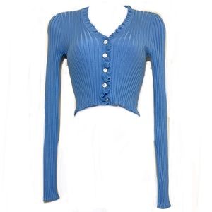 Cotton Candy LA crop cardigans ribbed BLUE  v-neck lettuce trim long sleeve top